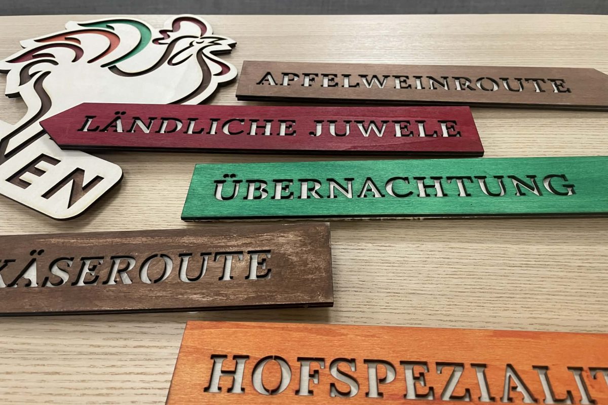 Skilt på tysk med bygdeturismebegrep og HANEN logo