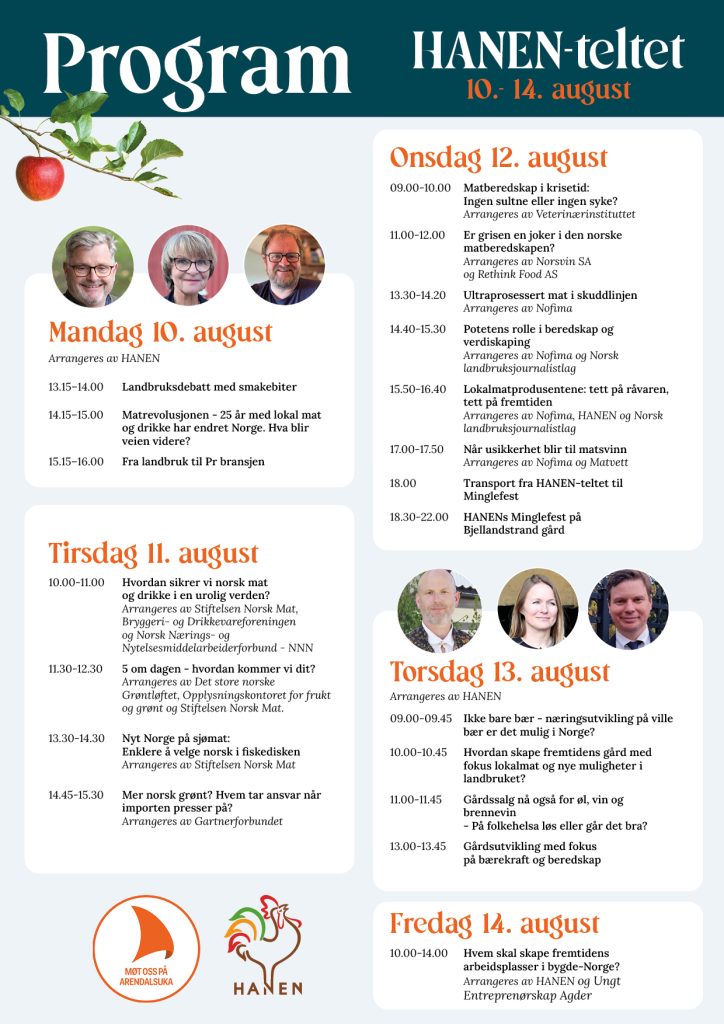 Program for HANEN-teltet under Arendalsuka 10.–14. august 2026, med arrangementer om norsk mat, landbruk, beredskap, lokalmat, bærekraft og næringsutvikling.