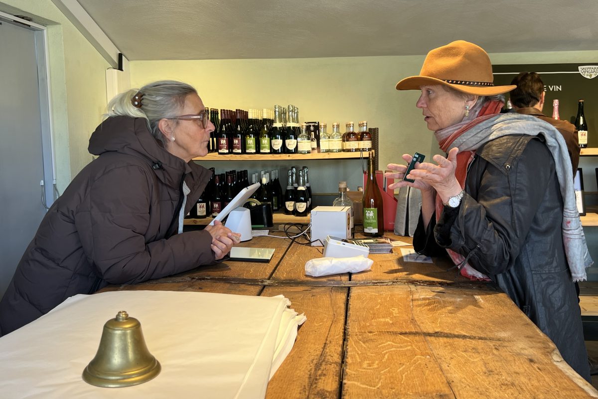 Prosjektleder Stine Sem kjøpe vin på en vingård i Skåne i anledning studietur.